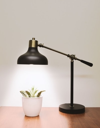 Lampe au-dessus d'une plante sur un bureau 