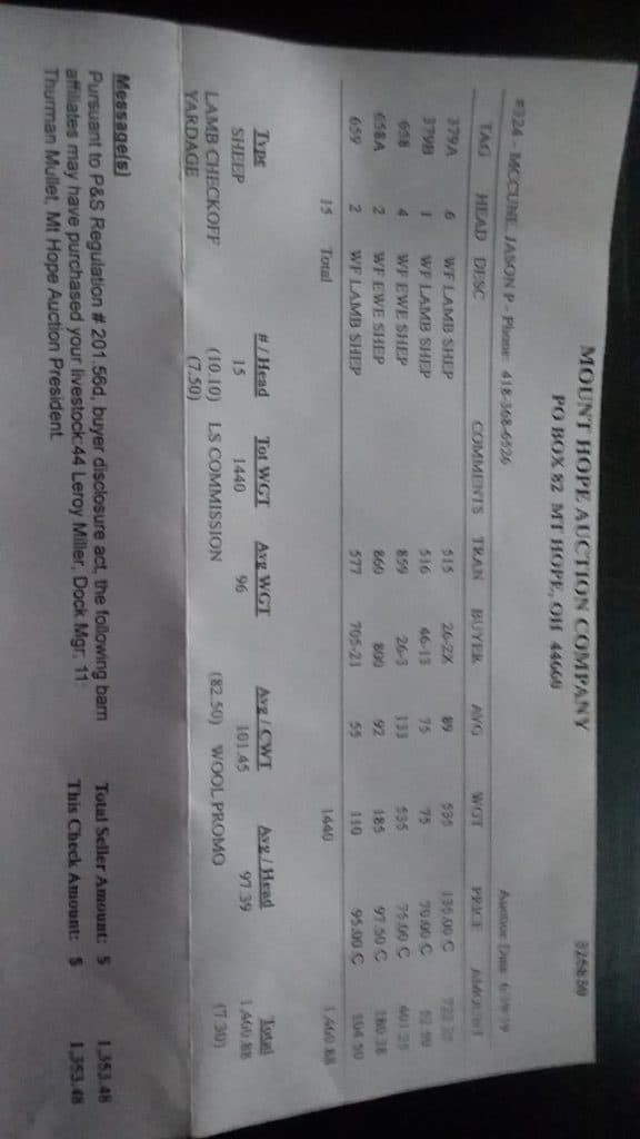 Talon de chèque de la vente d'un groupe d'agneaux. Notez que les agneaux sont divisés par poids et que plusieurs déductions sont effectuées sur le chèque final.