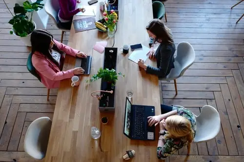 femmes travaillant à un bureau avec des plantes